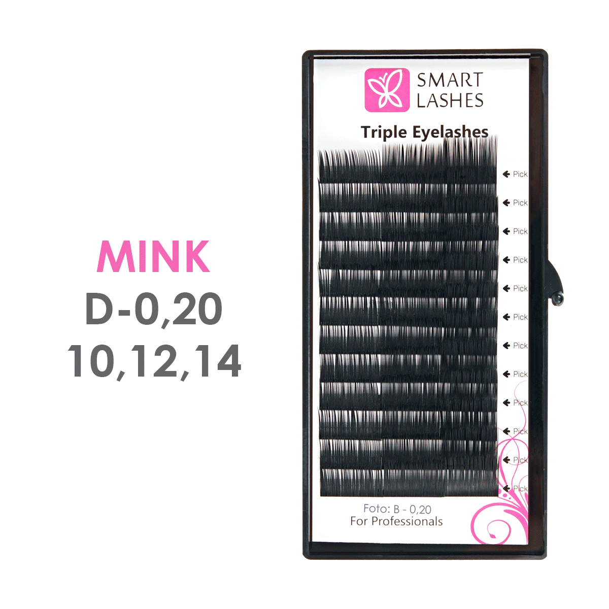 Mink - D - 0,20 mm x 10,12,14 mm - umělé řasy 12 řádků